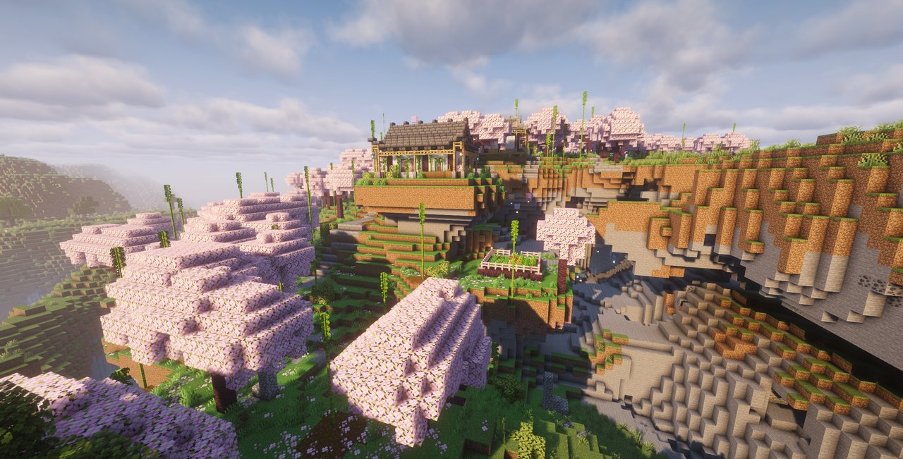 Minecraft 山间栖居，桃花环绕的木屋